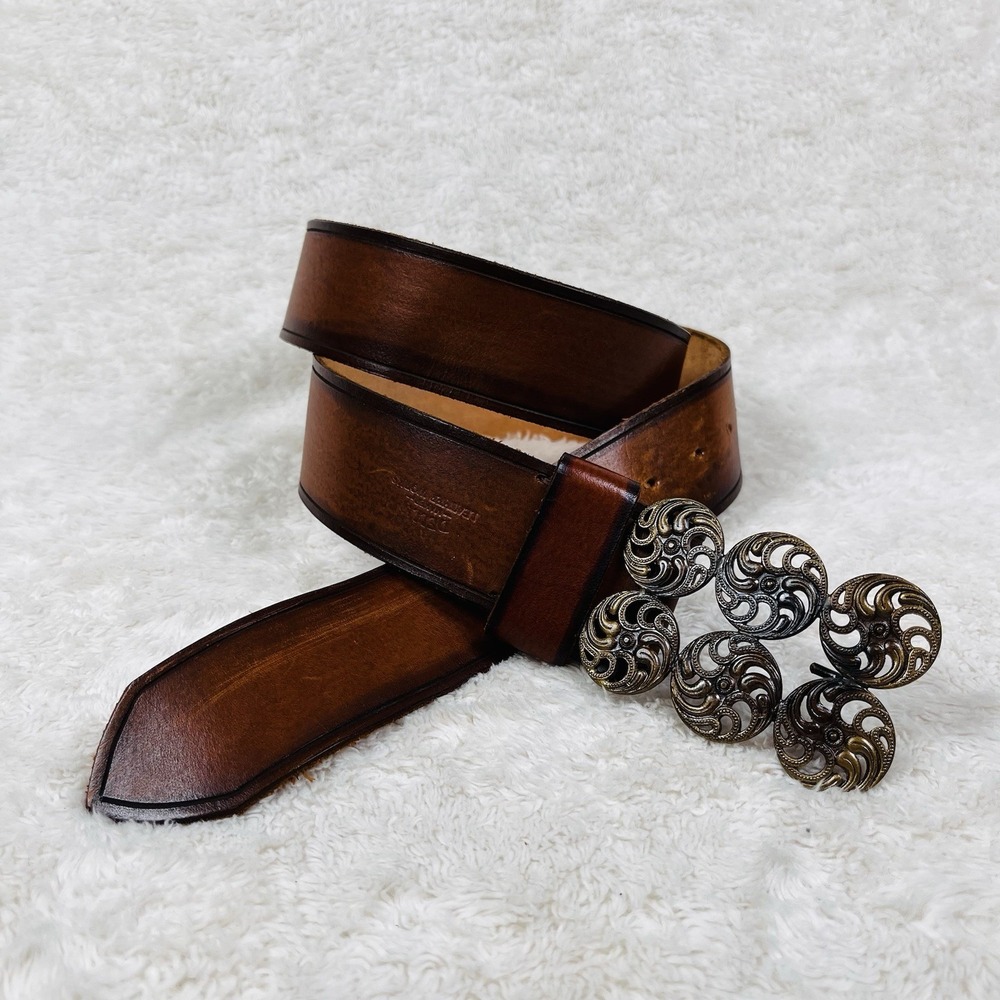 Dells Leather Works Belt Fits 33-37" Brown Leather Conch Buckle Southwest‎ 1.5"